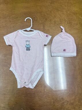Avon Pink & White Striped Baby Bodysuit with Matching Hat